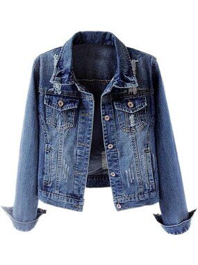 〽️Women's Dark Blue Cropped Distressed Jean Jacket Ripped Denim Button Front Coa